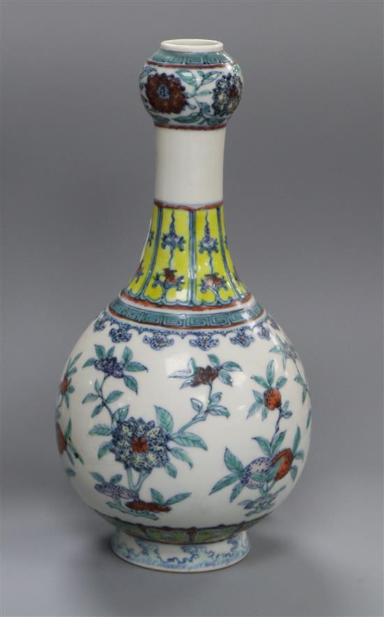 A Chinese doucai garlic neck vase, Qianlong mark but Republic period, H. 21cm,